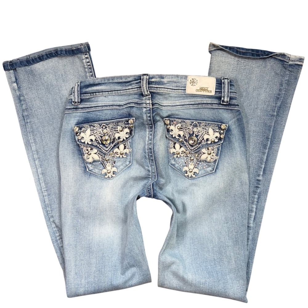 Y2K Mcbling Trashy Sexy Couture Embellished Fleur De Lis Bootcut Jeans